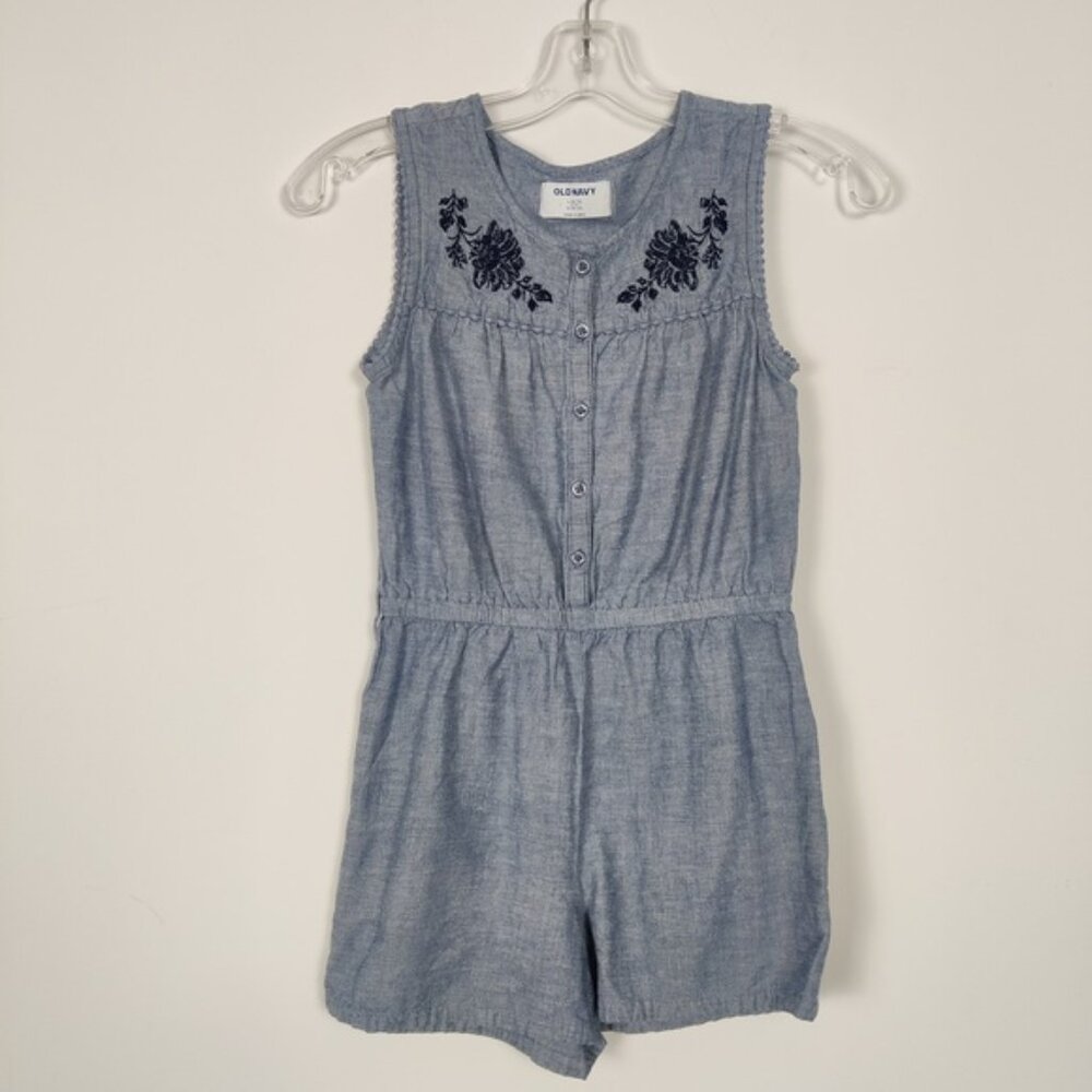 Old Navy Embroidered Chambray Sleeveless Romper Kid's Size Large Cotton Linen
